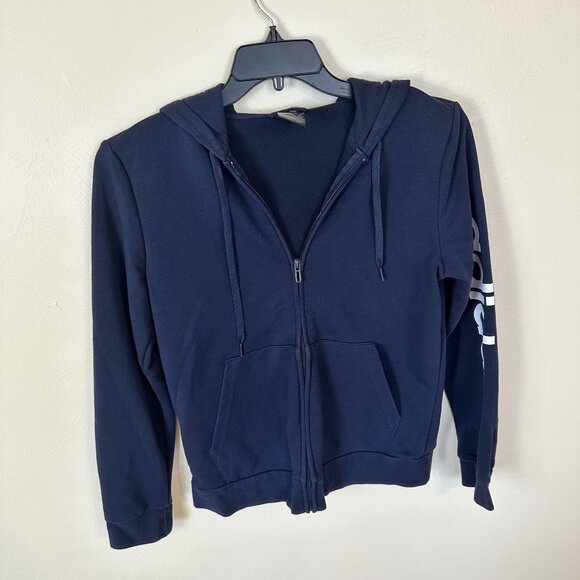 Adidas Navy Blue Zip Up Hoodie Pockets & Logo On Sleeve Large Juniors - Picture 1 of 6